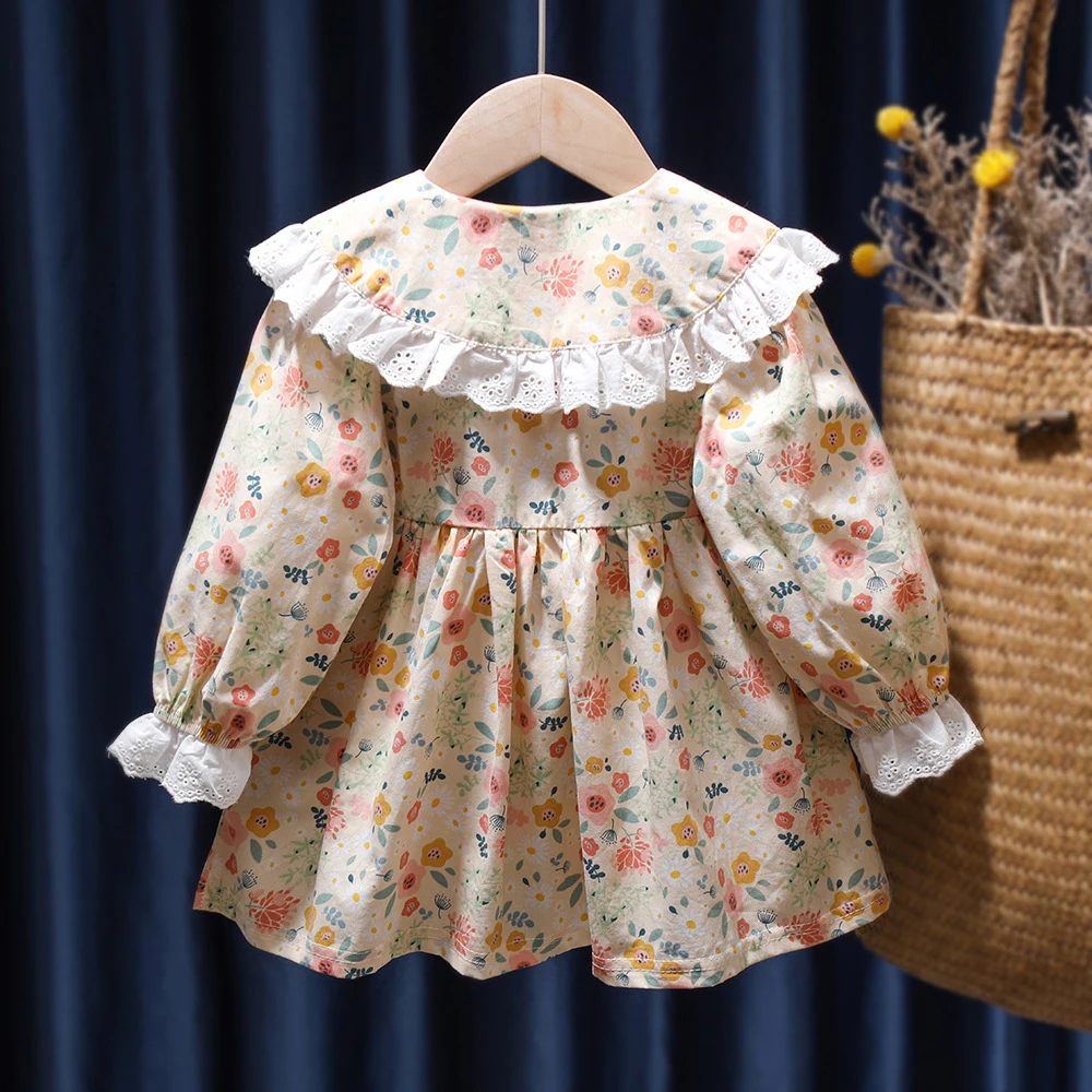 Spring Autumn Baby Girls Dress Sweet Doll Collar Floral Princess Dress Infant Kids Long Sleeve Outing Casual Dress Travel Wear