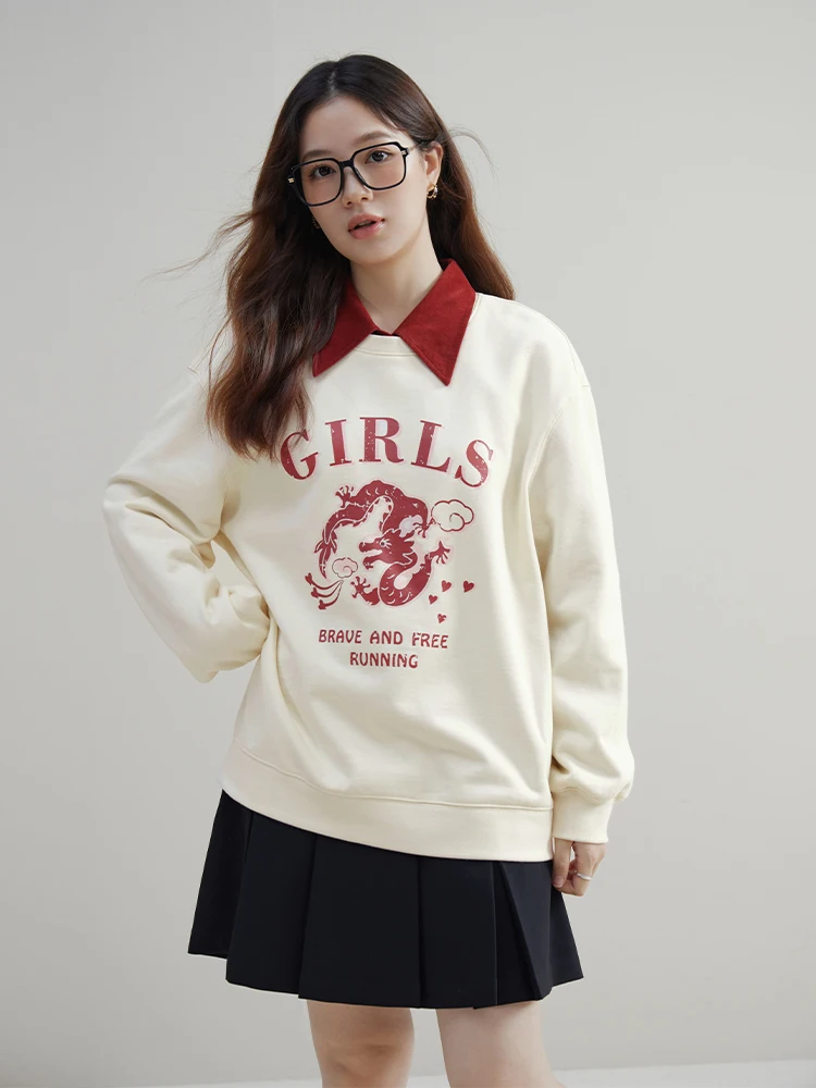 

DUSHU Round Neck Casual Beige White Sweatshirts Letter Print Winter New Women Drop Sleeve Tops Fleece Lined Pullovers