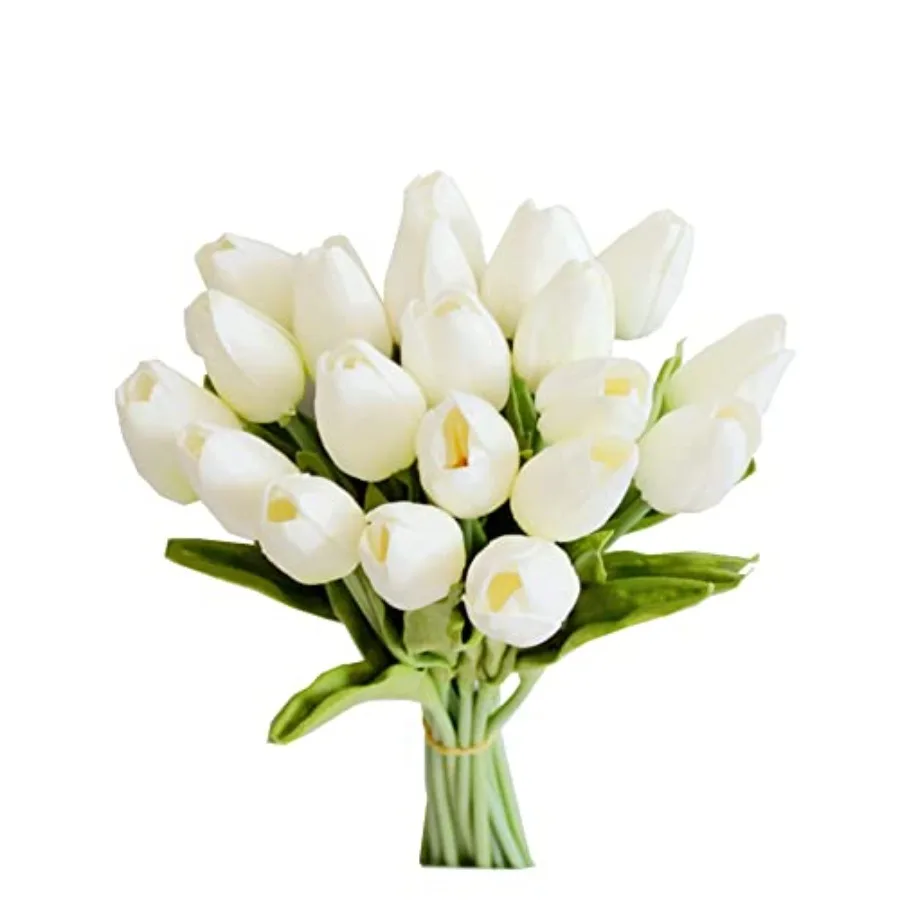 20pcs Artificial White Tulips 13.5 Inch Lifelike PU Tulips Faux Floral Arrangement for Kitchen Island Dining Table Centerpieces