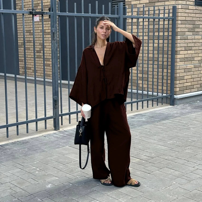 

Linad Autumn Office Brown Plunging Neckline 2 Piece Set Elegant Lace-Up Full Opening Tops Suit Pocket Floor-Length Pants Outfits