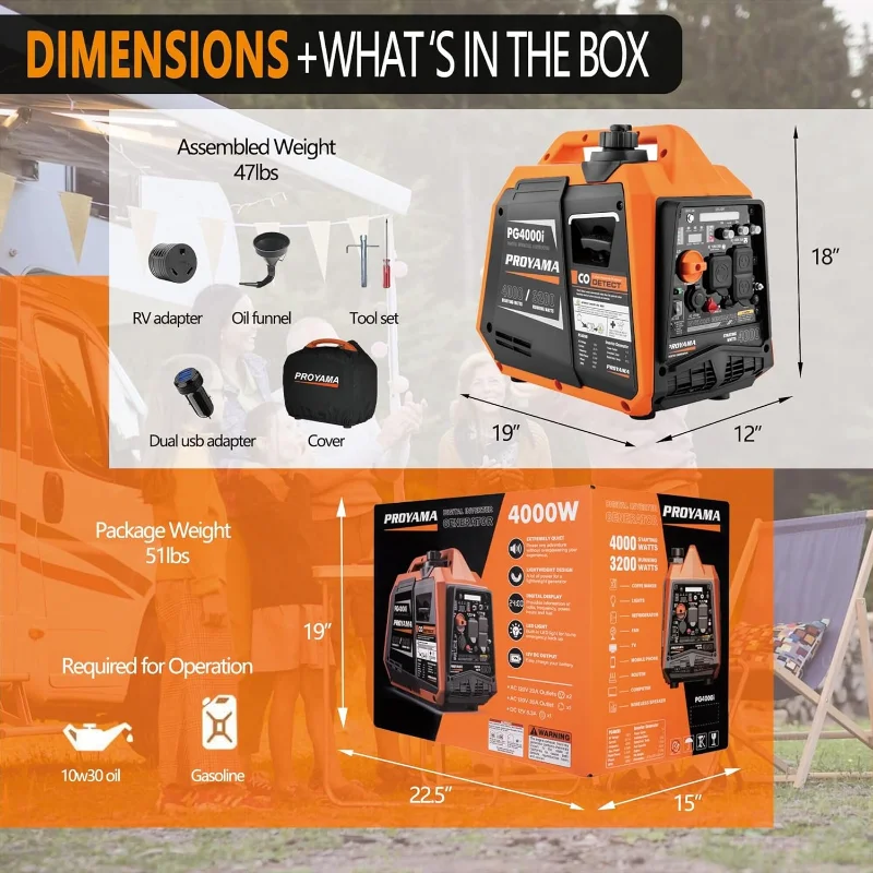 PROYAMA 4000W Portable Gas Inverter Generator, CO Sensor, Digital Interface, RV - Ready, LED Light, ECO - Mode, Parallel Capable