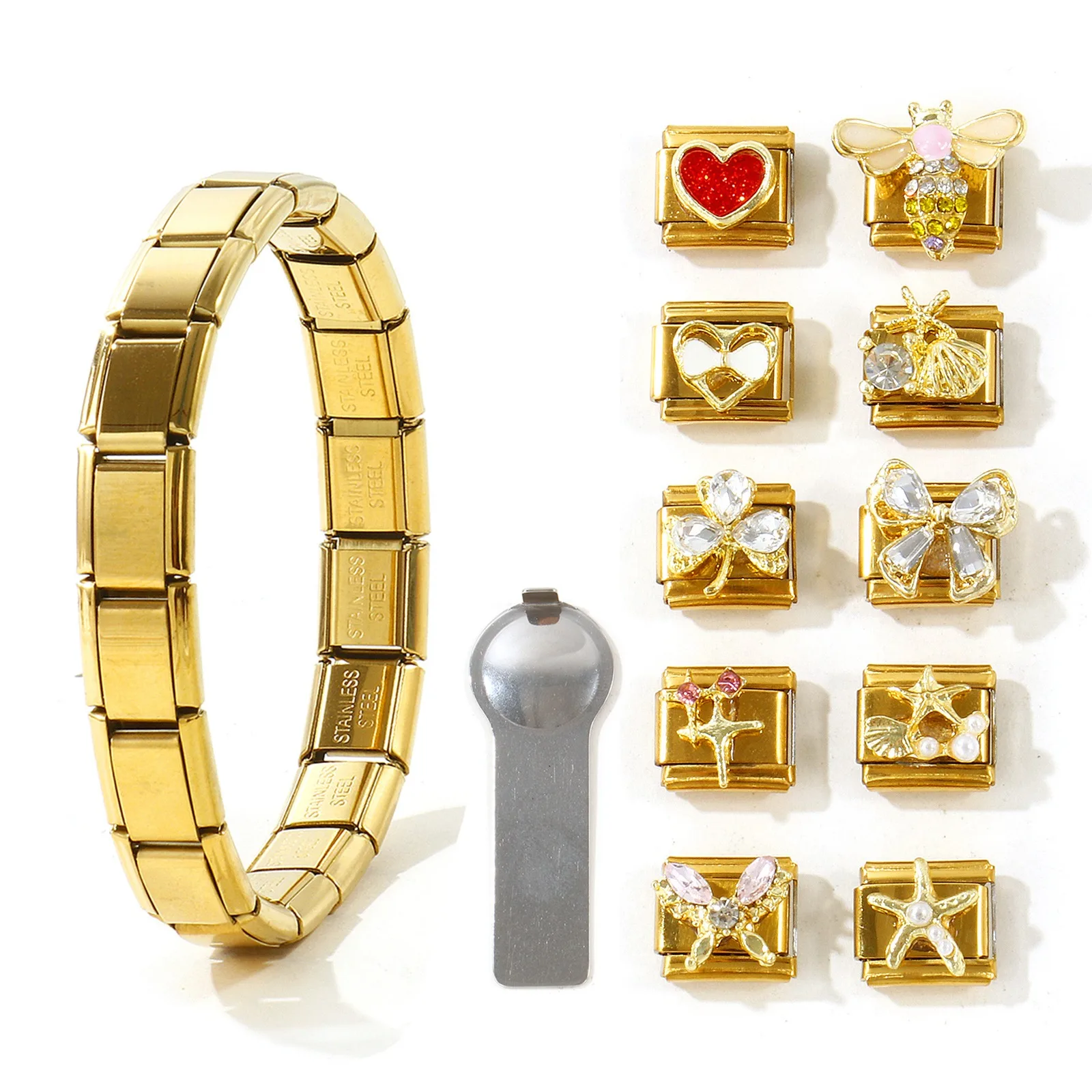 1 Set 9mm italienisches Charm-Armband Starter-Kit aus 304 Edelstahl, vergoldet, 10 Stück Strass-Charms, Werkzeug zum Entfernen, DIY-Schmuck – Detail 2