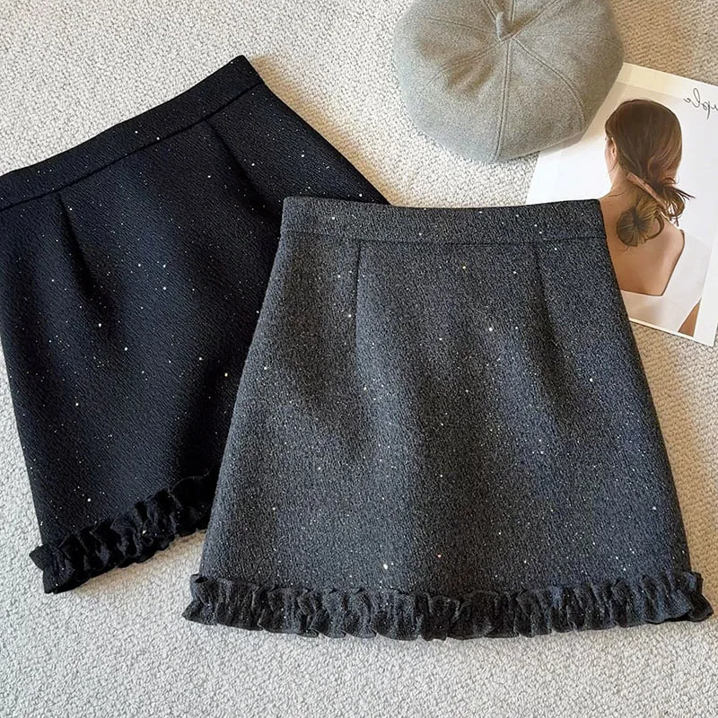 女性のウールブレンドショートスカートハイウエストスキニースパンコールセクシーなミニスカート女性のファッションレース裾スプライシングAラインスカート