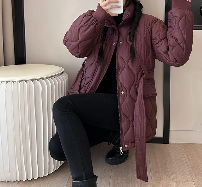 

2025 Winter New Standing Collar Cotton Jacket Belt Style Fashion Coat