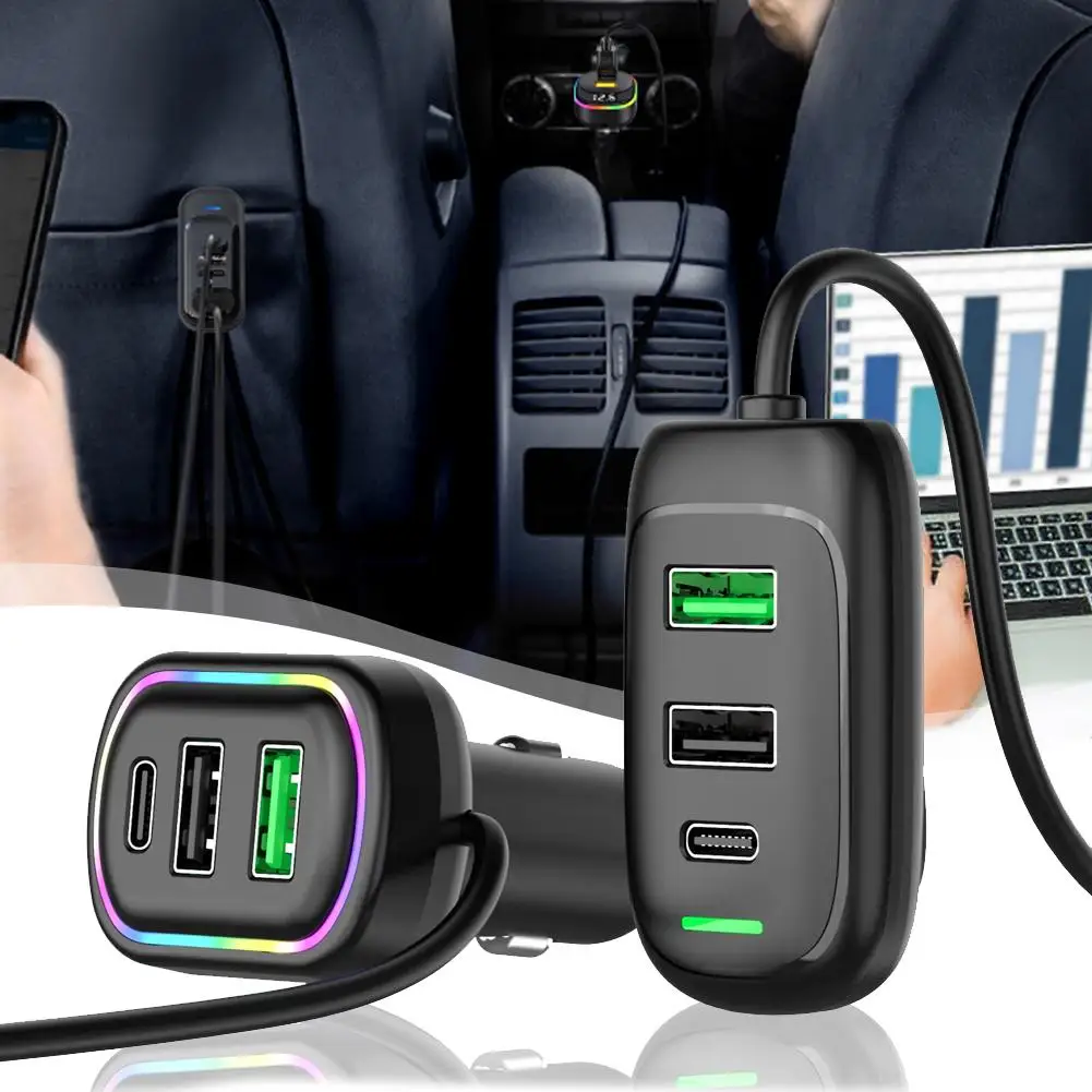 6-Ports 48W USB Type-C Front And Rear Extension Car Charger With RGB Light PD Fast Charging Power Adapter For Phone Laptop T3I0