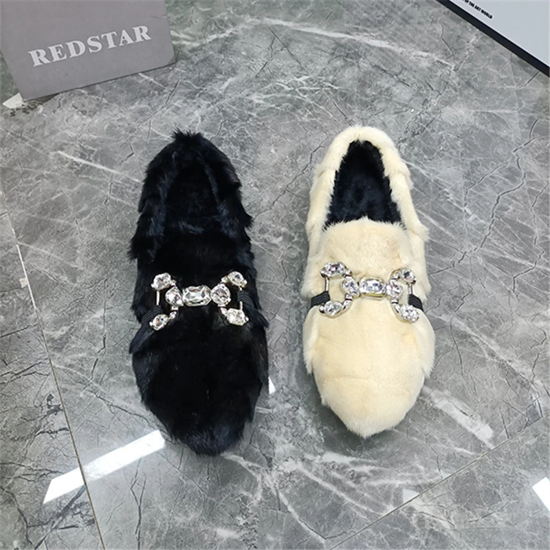 Green Women Winter Warm Flats Real Mink Fur Slip-on Loafers Casual Espadrilles Female Walking Shoes Crystal Platform Moccasins