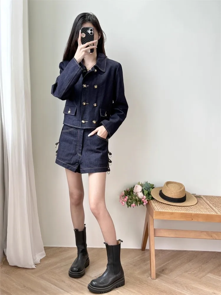 Set Jaket Denim Manis Fashion Musim Gugur Mantel Kerah Lipat Berkancing Dua Set Dua Potong Pakaian Rok Ruffle Mini Di Atas Lutut