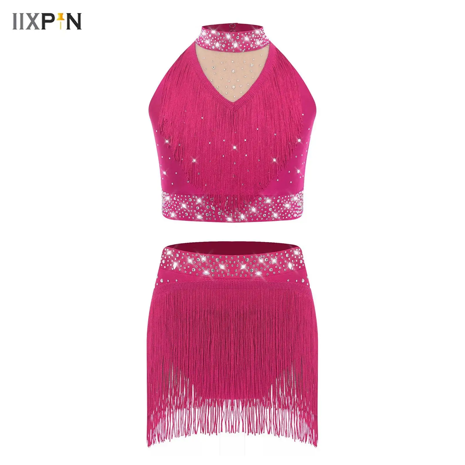 

Kids Girls Fringe Latin Dance Training Costume Stand Collar Cropped Vest Tops with Skirted Leotard Stage Performance Dancewear
