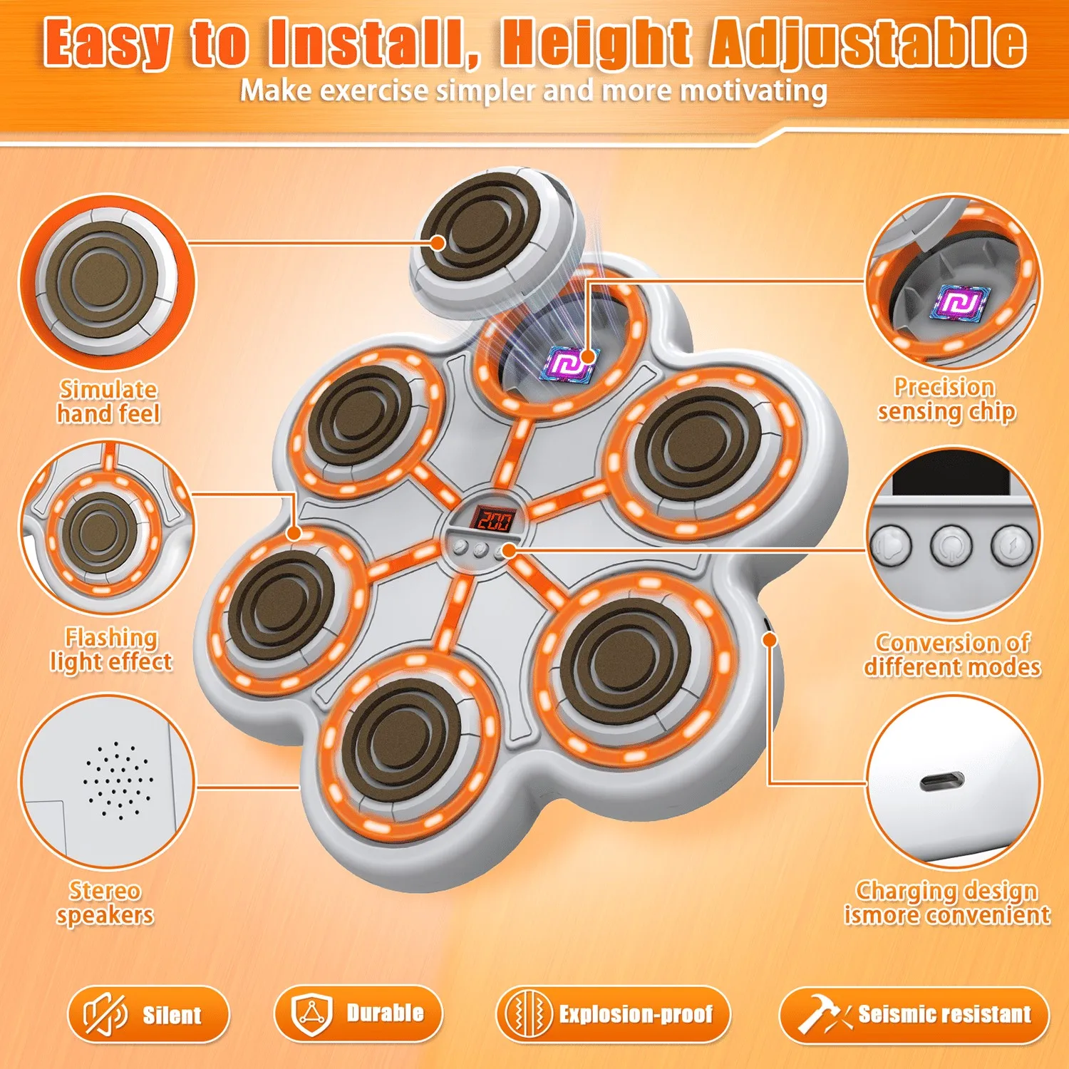 هدف الملاكمة للموسيقى الذكية - مفاتيح بيضاء للجسم باللون البرتقالي، حصيرة EVA خفيفة قابلة للتعديل، معدات الصالة الرياضية المنزلية القابلة لإعادة الشحن عبر USB