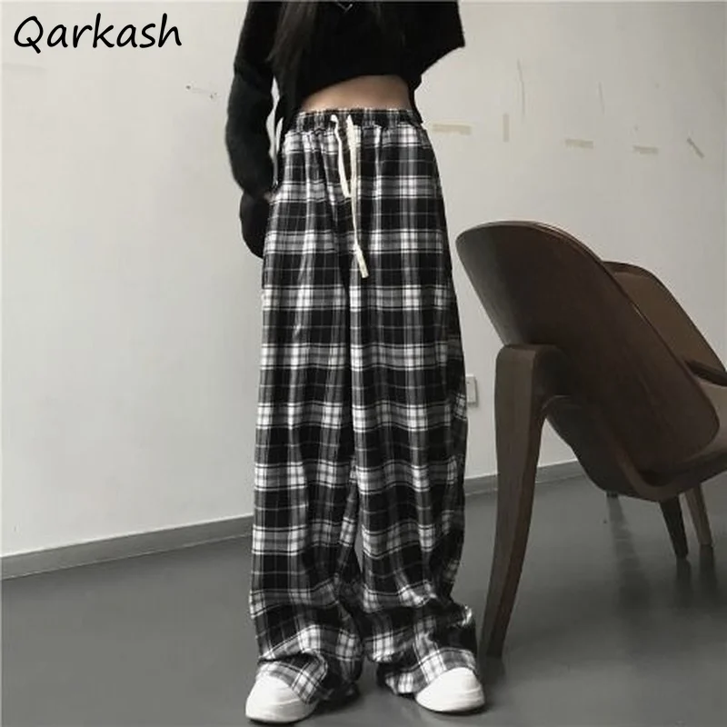 Plaid Casual Pants Women Retro Boyfriend Drawstring Soft Students S-4XL Mopping Ulzzang Trendy Trousers Chic Pantalones De Mujer