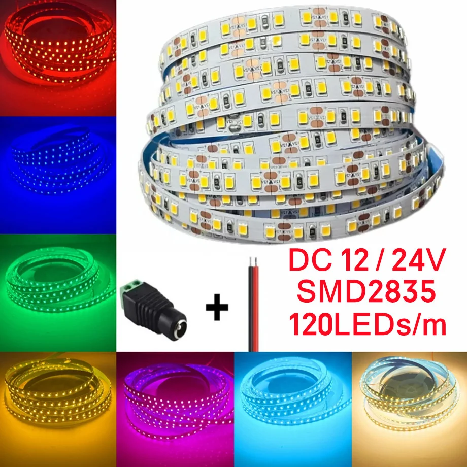 SMD 2835 LED Strip 120LEDs/m DC12V 24V Flexible Cuttable Soft Lamp Bar Red Ice Blue Green Pink Home Decor Lighting Easy Install