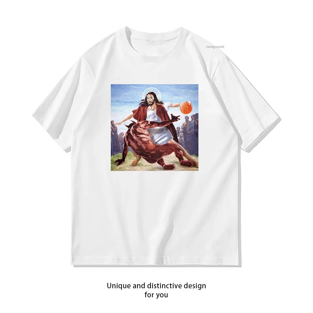 Jesus und Satan spielen Basketball. T-Shirt für Damen und Herren. Lässige, bedruckte T-Shirts aus Baumwolle mit O-Ausschnitt, atmungsaktiv, kurzärmelig für Erwachsene