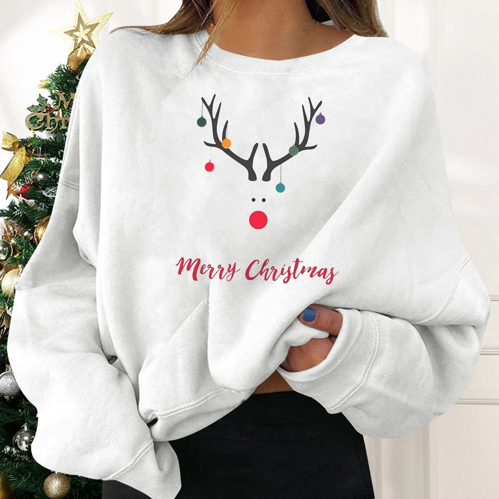 Women\'s Fashion Sweatshirts Cotton Happy Snowflake Elk Snowflake Fawn Print Geometric Pattern Women Autumn Pullover Hoodless Top