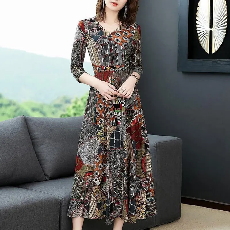 

Elegant V-Neck Folk Printed Midi Dress Vintage Women's Clothing 3/4 Sleeve Spring Summer A-Line Waist Fashion Spliced Dresses