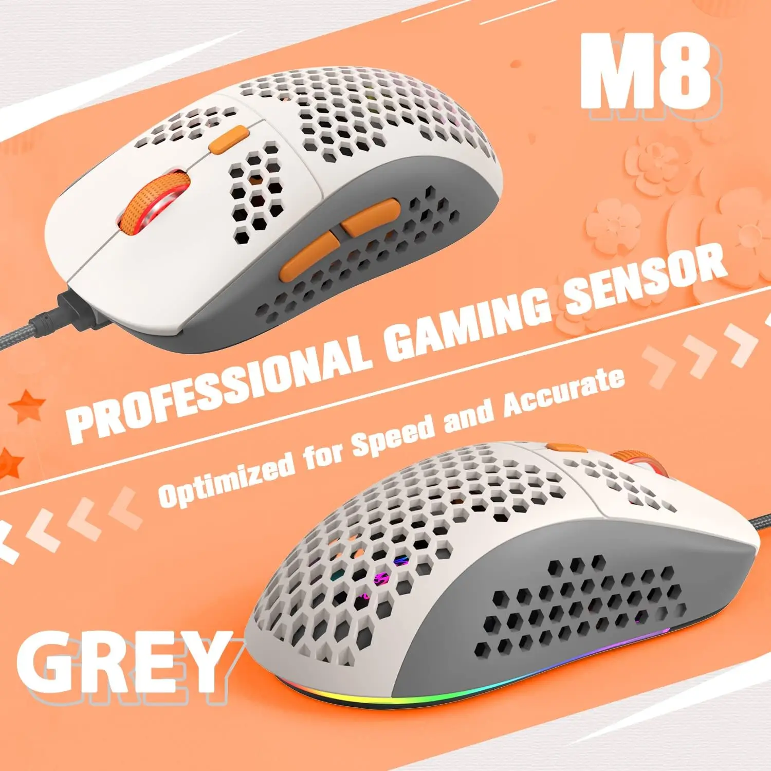 

Игровая мышь M8, сверхлегкая, проводная мышь RGB, 6-уровневая регулировка DPI, USB-соединение, программируемая, 7 кнопок, эргономичная