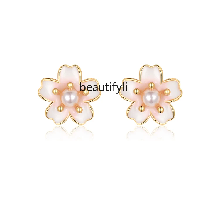 

925 Sterling Silver Sweet Mini Cherry Blossom Ear Studs Women's Spring and Summer Pink Fresh Flowers High-Grade Earrings