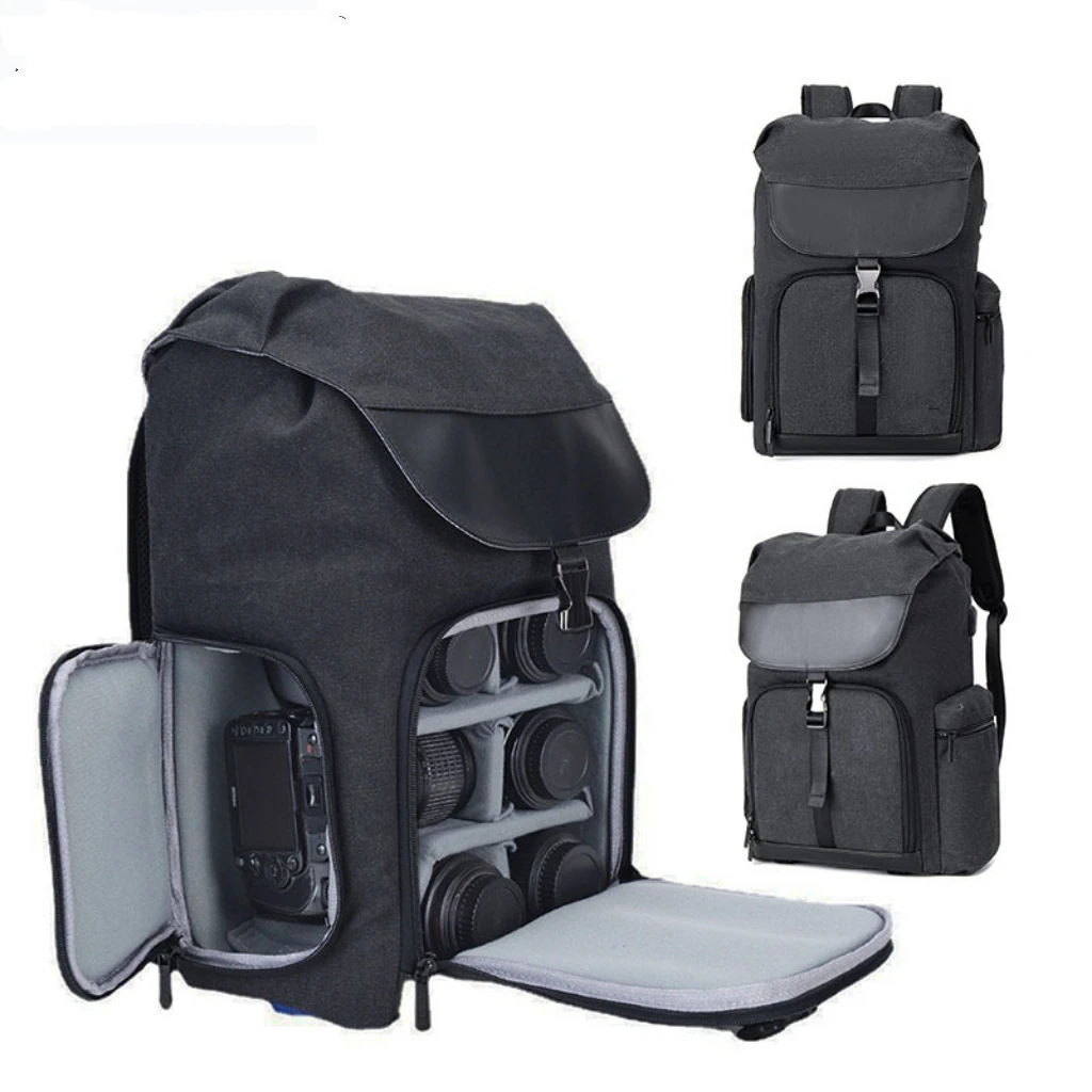 Fashion SLR camera backpack canvas double shoulders large capacity outdoor camera bag up and down storage camera bag