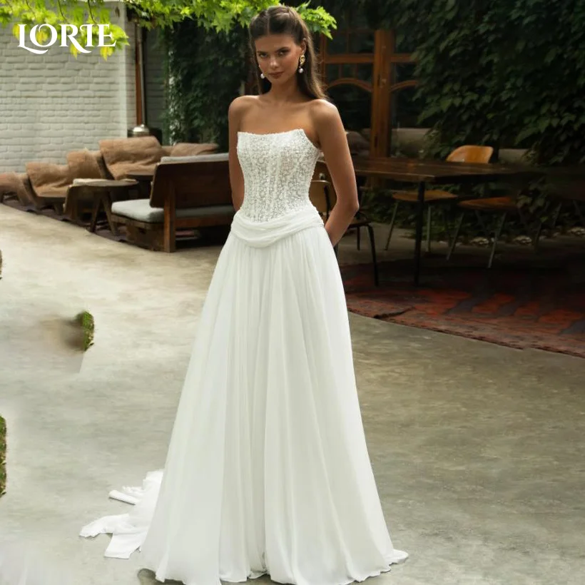 

LORIE Lace Boho Wedding Dresses 3D Flower Strapless Chiffon Princess Sweetheart Bridal Gown Backless Boho Bride Dress Customized
