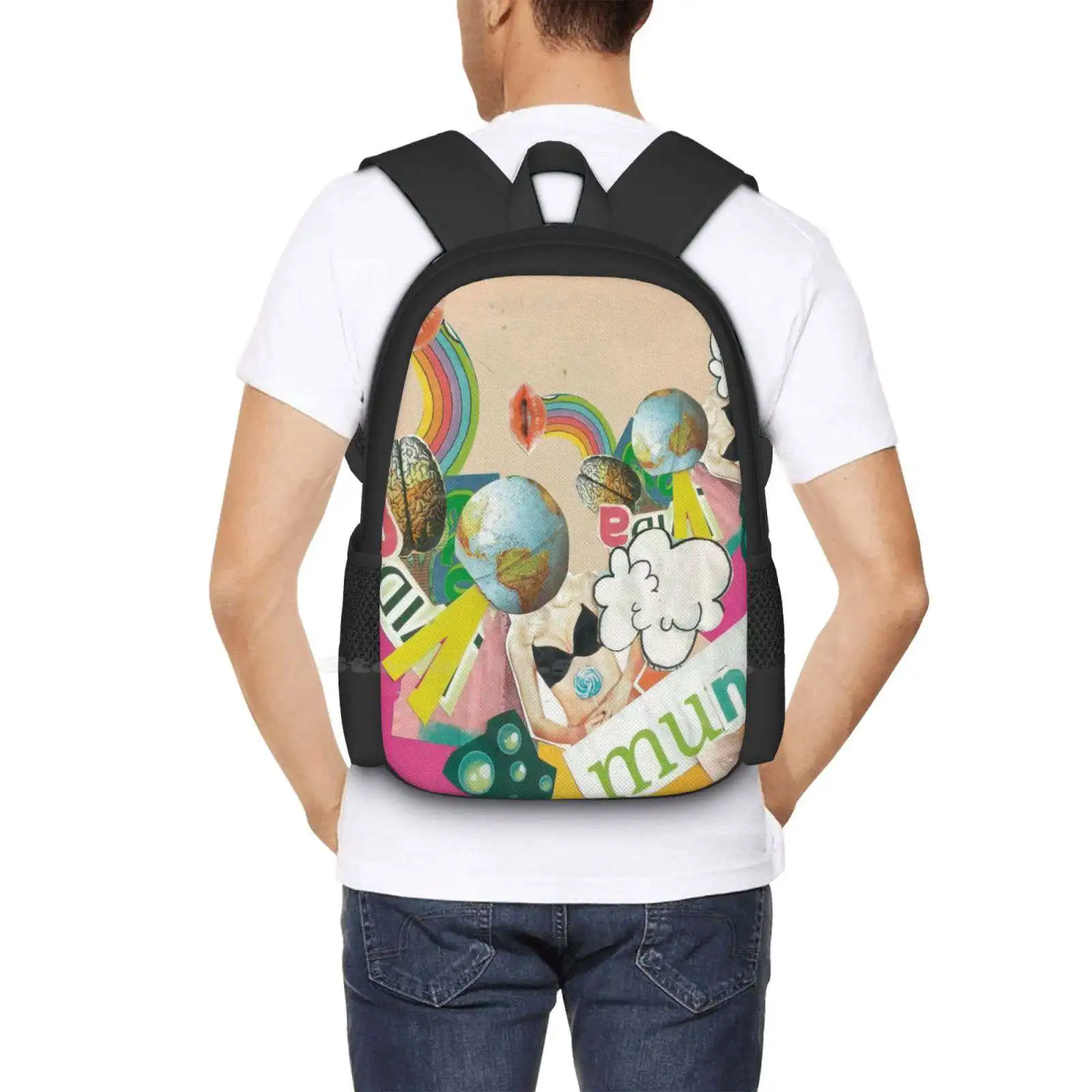 Collage Pop School Bag Big Capacity Backpack Laptop Collage Dadaismo Pop Art Color Nature Planet Woman Wainbow Green