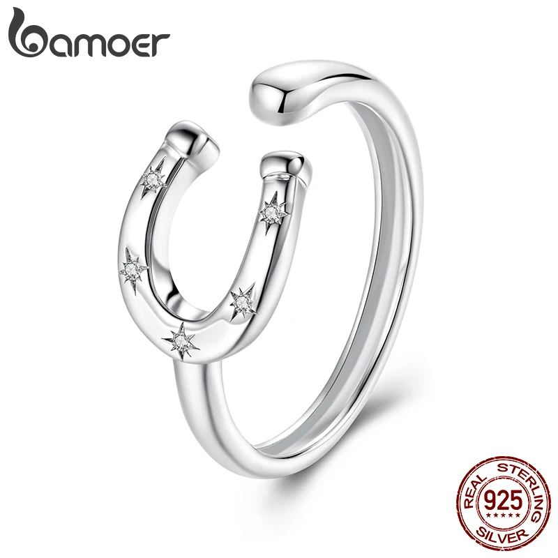 BAMOER 925 Sterling Silver U-shape Open Ring Lucky Horseshoe Ring with Star Zircons for Lover Girl Vintage Blessing Dating Gift