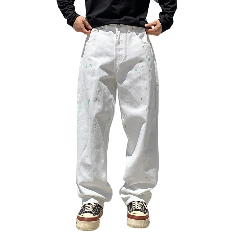 

Splashed Ink White Jeans for Men High Street Vibe Style American Street Style Pants Trendy Brand Loose Cool Casual Straight