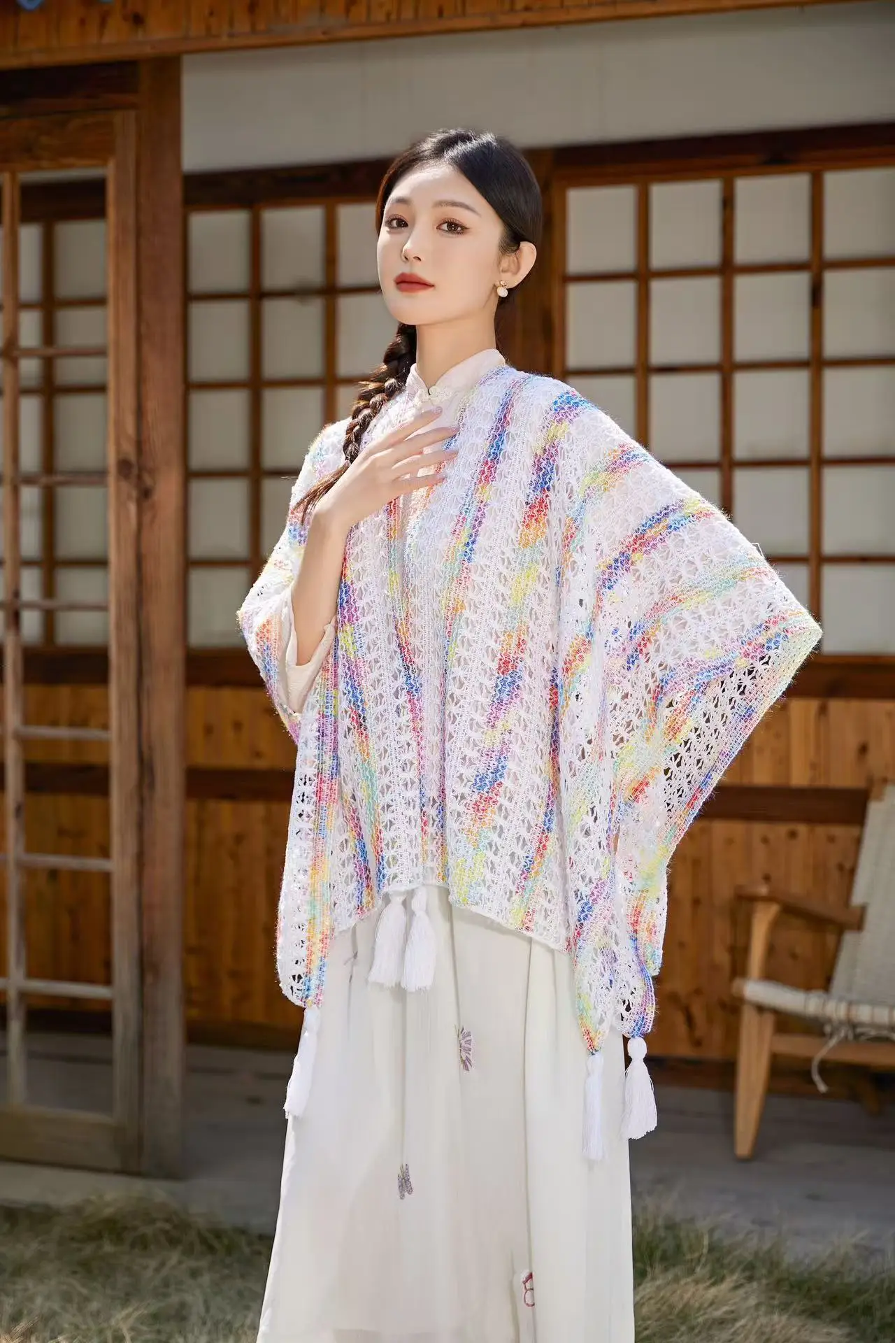 

Офисная вязаная шаль с кондиционером, женская модная белая накидка Cheongsam с выдолбленной кисточкой, тонкий плащ-пончо P2