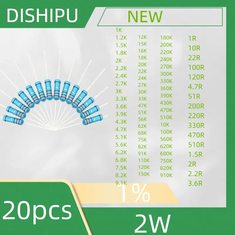 

20PCS 2W metal film resistance 1% 1.2K 1.5K 1.8K 2K 2.2K 2.4K 2.7K 3K 3.3K 3.6K 3.9K 4.3K 4.7K 5.1K 5.6K 6.2K 6.8K 7.5K 8.2K