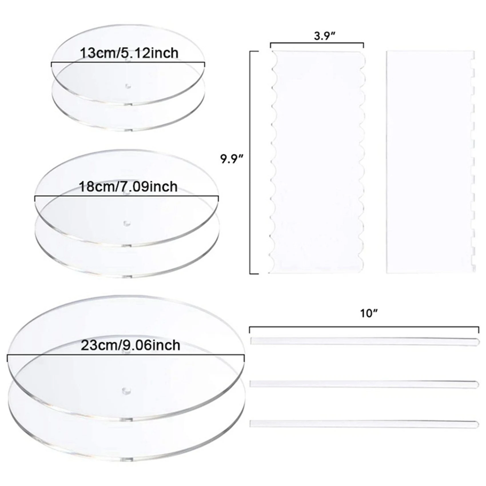 

ABRE-2 Set Acrylic Round Cake Disk Set - Cake Discs Circle Base Boards With Center Hole - Comb Scrapers (4 Patterns)