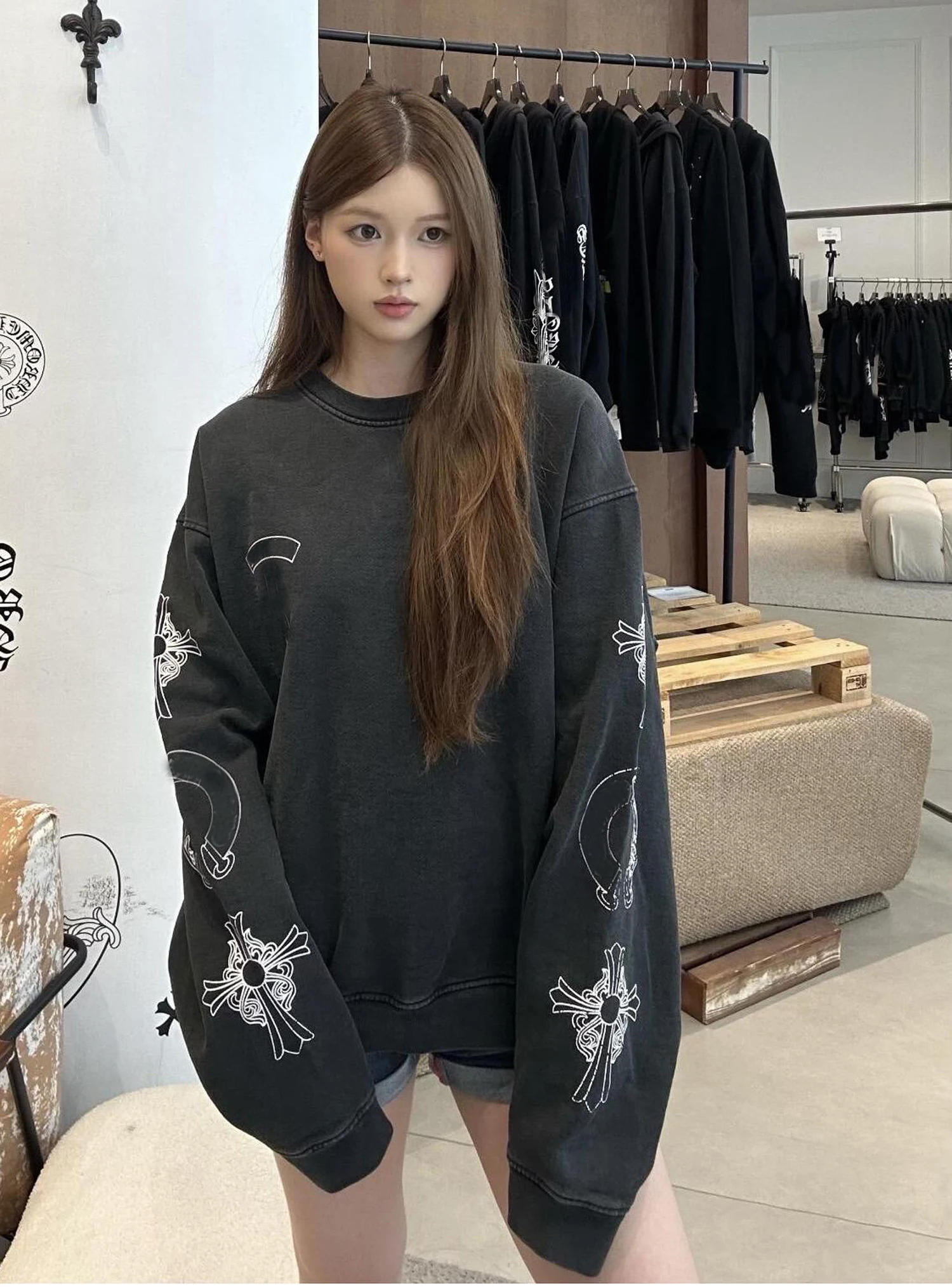 Charcoal Grey Heavyweight Cotton Feel Fabric Super Washed round Neck Fleece Print Sweatshirt Autumn Unisex Comfortable Warmth