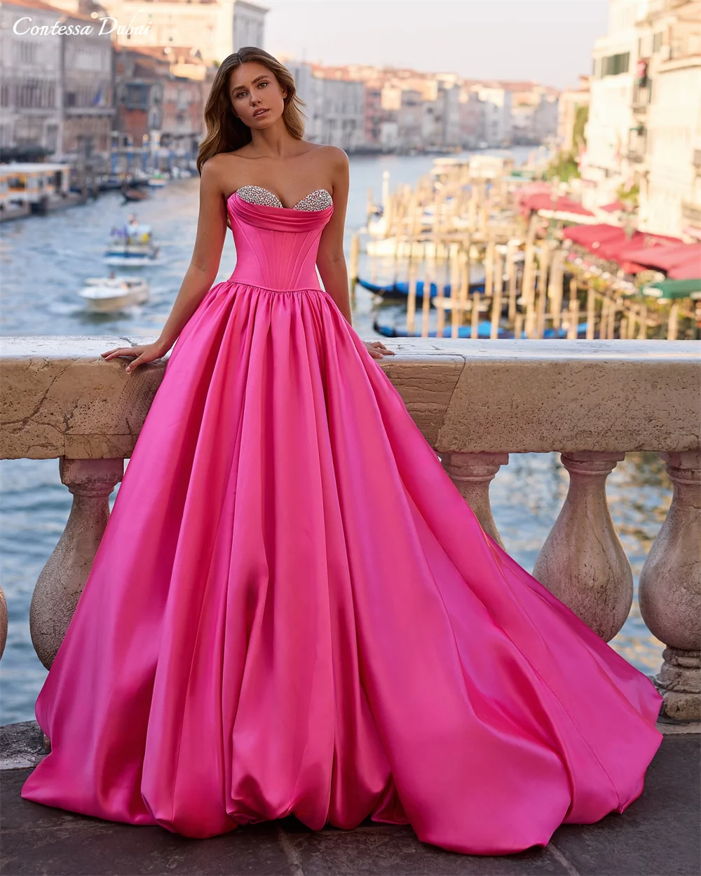 Contessa Custom Strapless Sweetheart Satin Evening Dress Crystal Beaded Bust Ball Gown With Train Long Pink Prom Party Dress