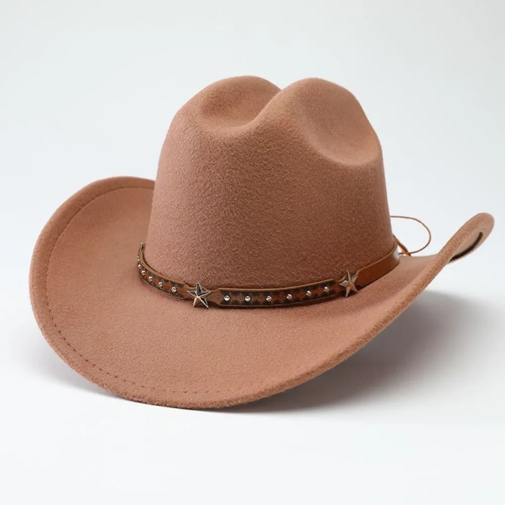 Sun Cap Felt Western Cowboy Hat Star Head Belt Roll Brim Tibetan Style Top Hat soft Ethnic Style Cowgirl Cap Men