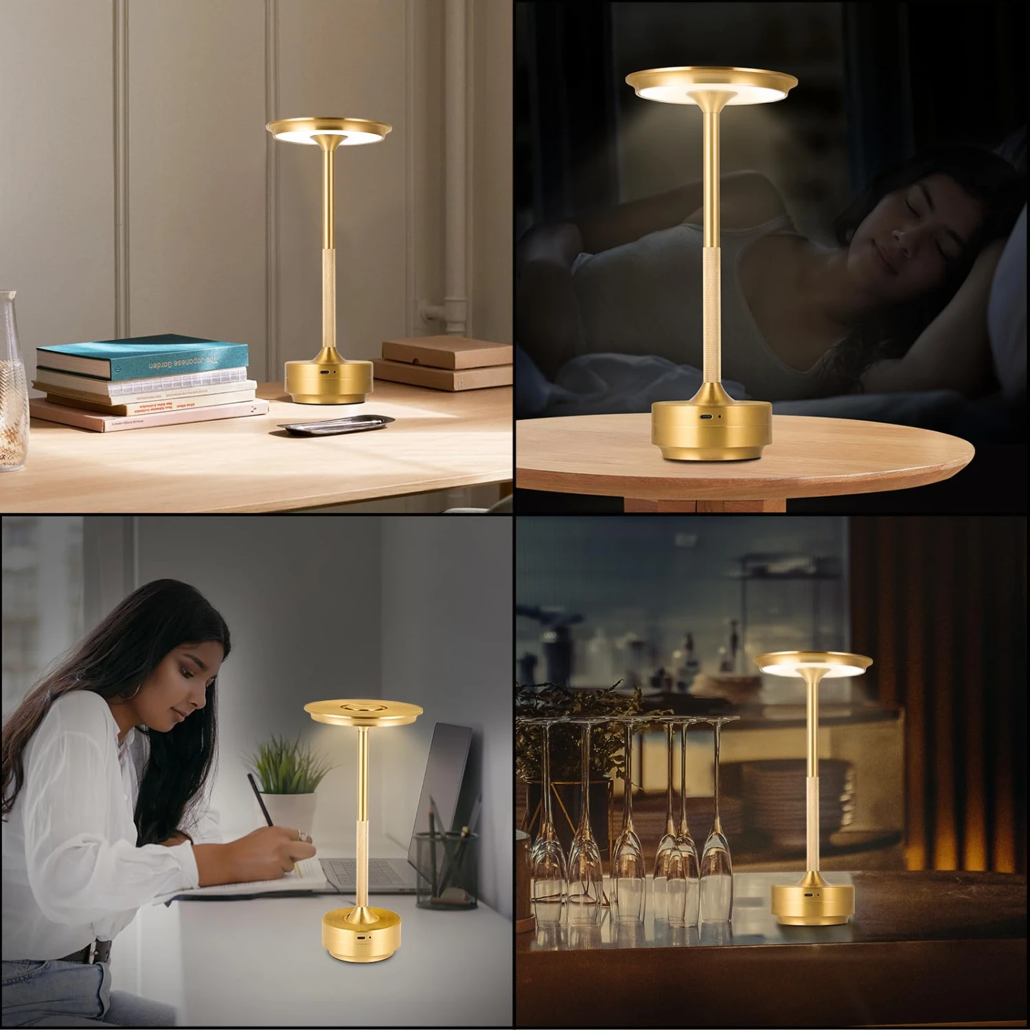 Candeeiro de mesa sem fio recarregável com função de toque, elegante USB-C Desk Lamp para quarto ou Camping, Melhorar o espaço com Candl