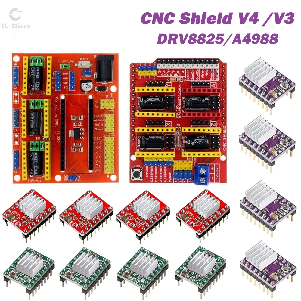 XZG CNC Shield V4 CNC Shield V3 Máquina de Grabado Impresora 3D + 4 Placas de Expansión de Controladores DRV8825 o A4988 para Arduino