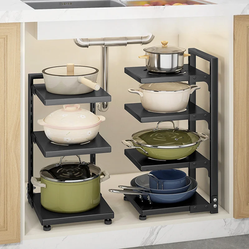 5 Tier Pots Pans Organizer for Under Cabinet Adjustable Rustproof Cabinet Storage for Big Stockpots Castiron Pans Heavy Cookware