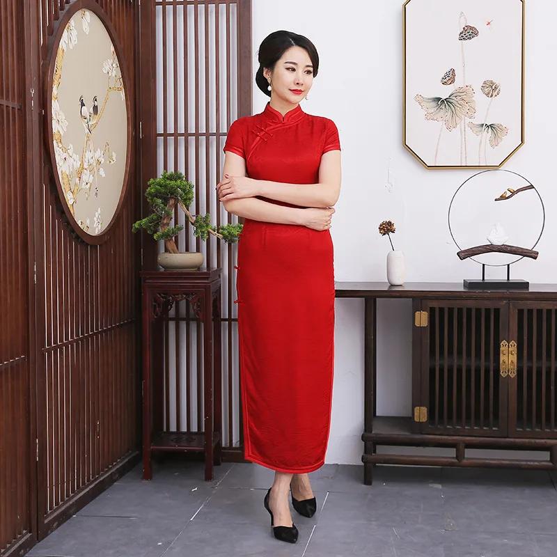 High Quality Real Silk Red Solid Color National Style Cheongsam Qipao Women's Clothing Dress Retro Improved round Placket