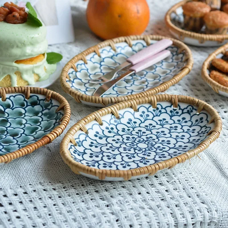 New Japanese Tableware Rattan Woven Fruit Plate Dry Fruit Tray Cake Candy Snack Ceramic Basket Specialty Plates Specialty Plates