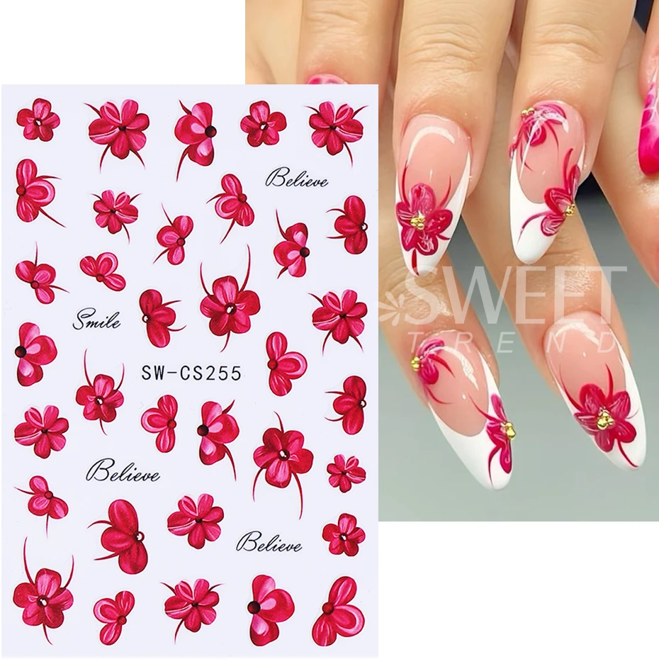 8 stks Bloemen Nail Art Stickers 3D Rood Blauw Sakura Hibiscus Bloemen Bloemblaadje Nail Decals DIY Lente Zomer Slider Manicure Decoratie