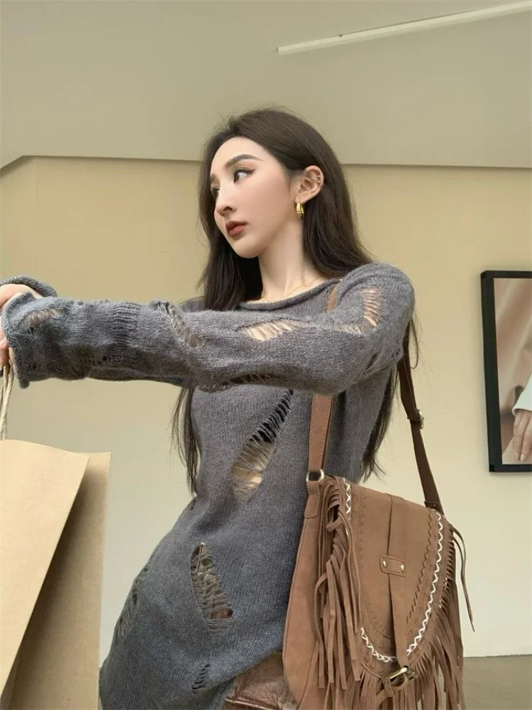 Deeptown Vintage Gray Sweater Women Harajuku Grunge Hollow Out Knitted Jumper Korean Fashion Hole Slim Thin Pullover Tops Kpop