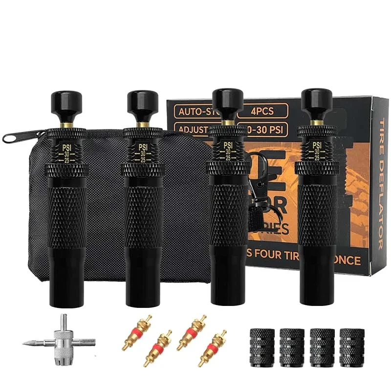 Kit de valve de dégonflage de pneu à arrêt automatique (10-30 PSI) 4 pièces outil de descente d'air de pneu à visser véhicules moto tout-terrain 4x4 ensemble d'outils de pneu