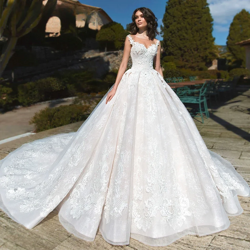 

A-Line Wedding Dress 2024 Royal Princess Off the Shoulder Bride Beaded Appliques Lace Up Long Tail Bridal Gown