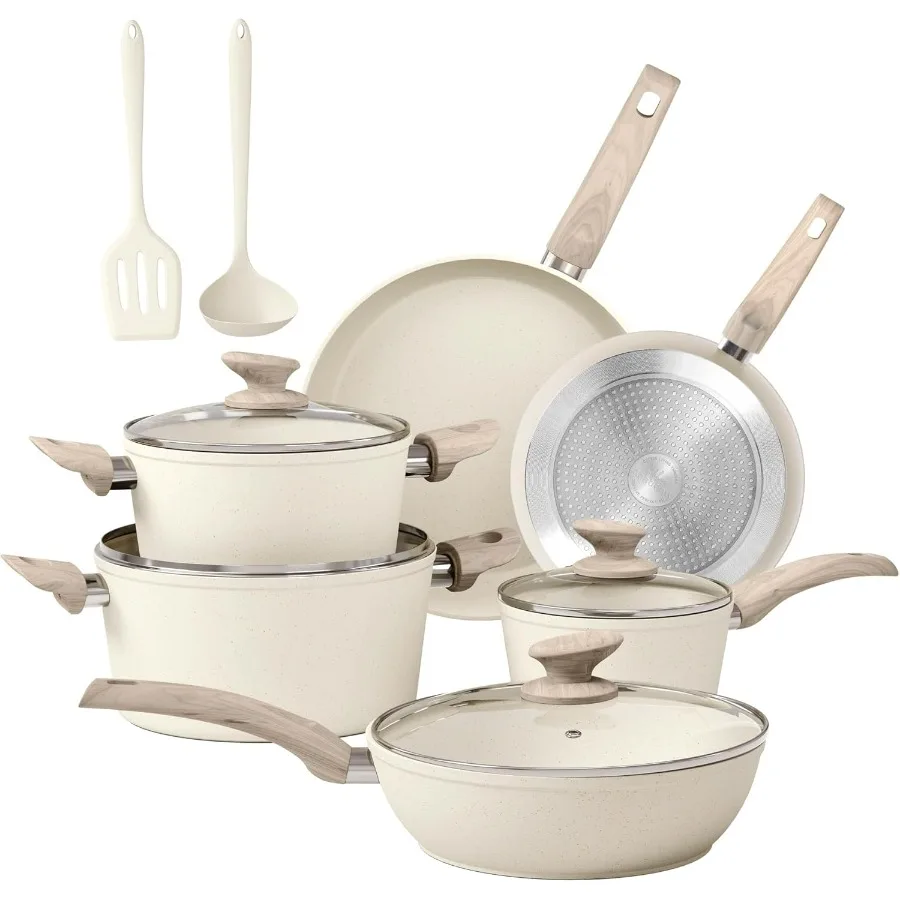 

DisDelight NonStick Induction Granite Kitchen Cookware Set with Cream White Pots and Pans for Efficient Cooking Durable Nonstic