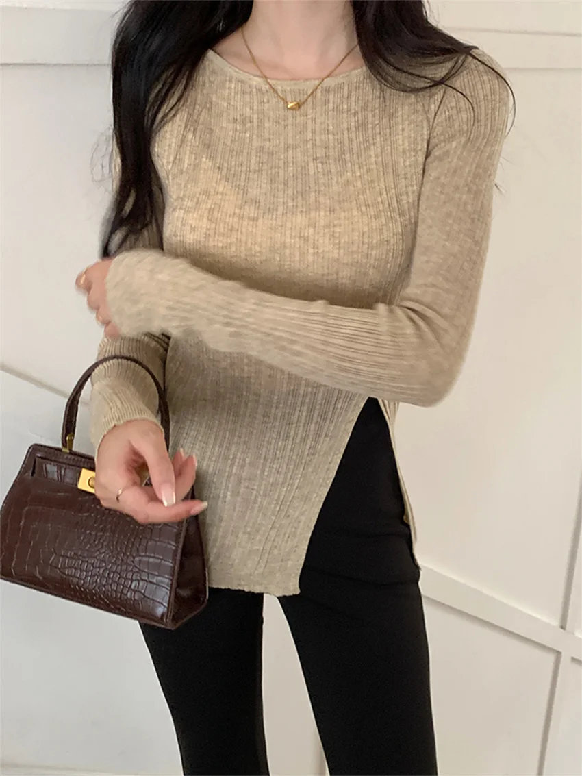 

PLAMTEE Chic Hot Girls Women Sweaters Split Solid Knitwear Skinny Slim Sexy Autumn Office Lady Knitted Full Sleeve Pullovers