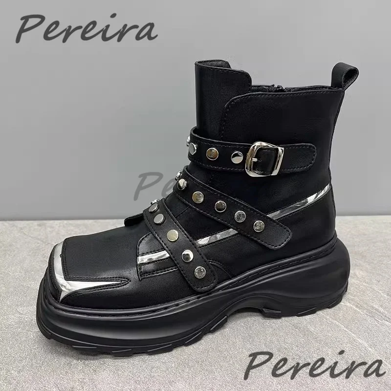 

Trendy Square Toe Zipper Motorcycle Boots Rivets Belt Buckle Thick Soled Height Increasing High Top Boots Fashion Men Shoes