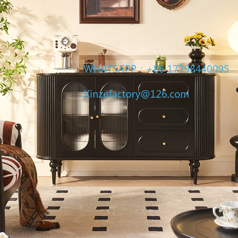 Customizable French Solid Wood Dining Side Cabinet, Living Room Retro Wind Shutter Design, Black Integrated Tea Cabinet