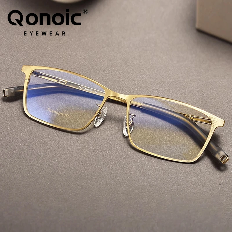 

QONOIC Pure Titanium Rectangle Glasses Frame Classic Vintage Rectangular Eyeglasses Lightweight Spectacle UV400 AT80858