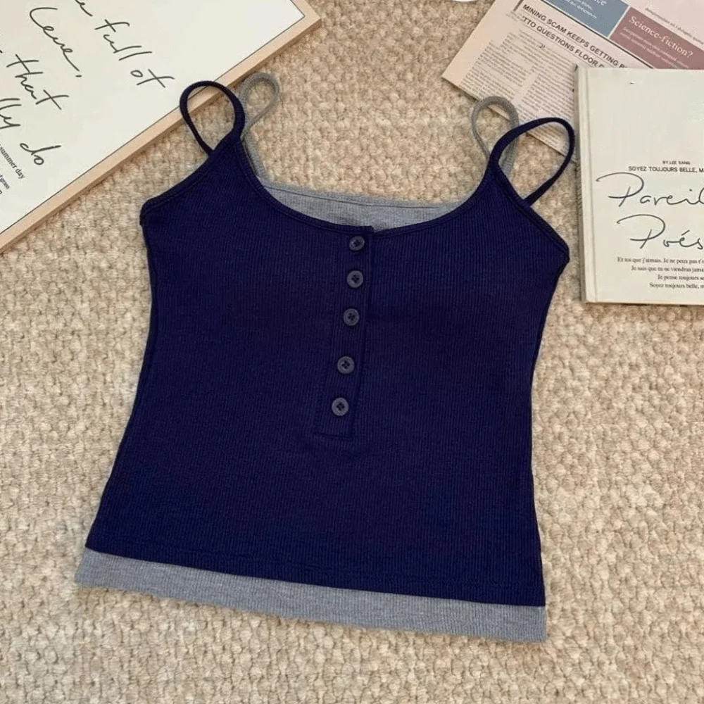 Color Blocking Crop Top Square Neck Slim Fit Sling Vest Top Sleeveless Button Underwear Fake Two-pieces Camisole Commute