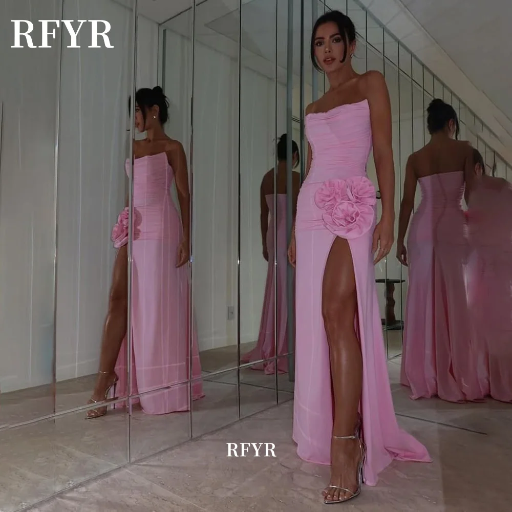 RFYR Chiffon Prom Dress Strapless Party Dress 3D Flowers Evening Dress Pleats Formal Party Dress Vestidos De Noche Customized image 2