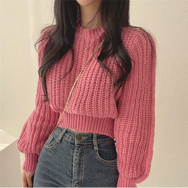 

2026 Korean Style INS Autumn Winter Thicken O-Neck Pullover Sweater Women's Waist-Cinching Short Knitted Top for Petite Ladies