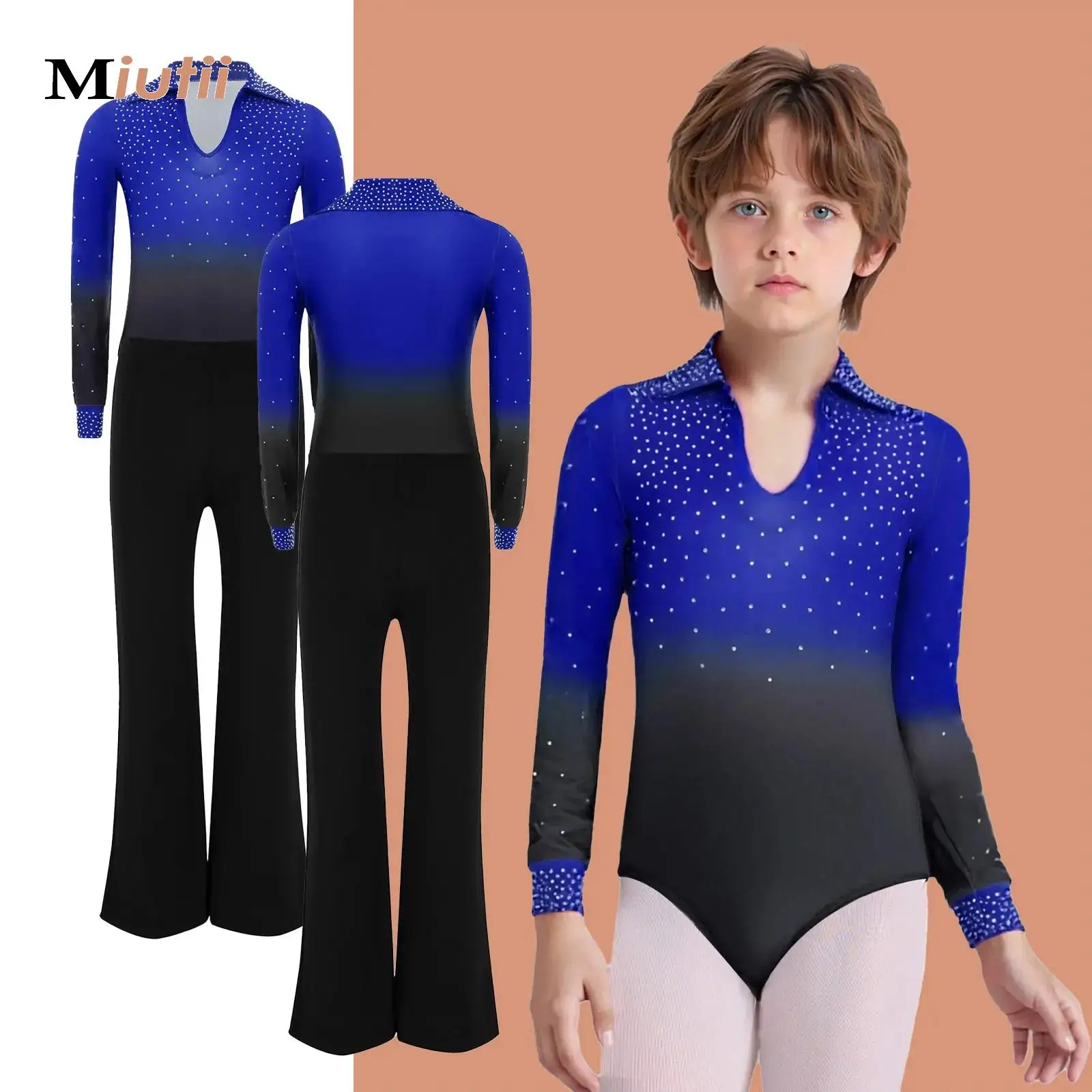 

Детский комплект одежды для латинских танцев для мальчиков, градиентный купальник с длинными рукавами, боди + брюки, современный джазовый бальный костюм для выступлений