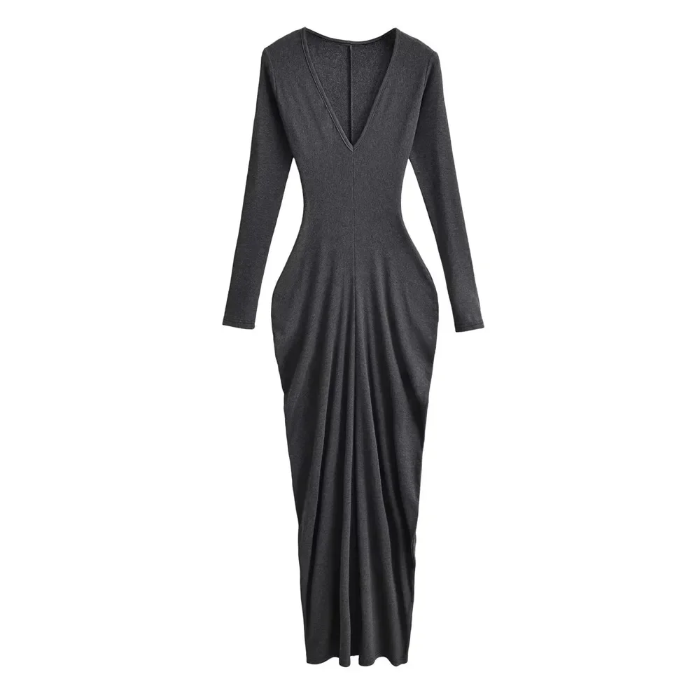 Deep V Neck Party Dress for Women Long Sleeve Slim High Waist Floor-length Casual Solid Ladies Thick Robes 2024 Winter